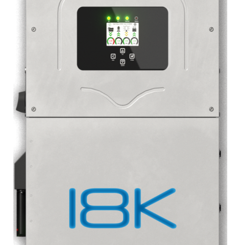 The Sol-Ark 18K residential inverter features a digital display for system info, mounted on a metallic enclosure with the Sol-Ark logo and “18K” in bold blue, delivering reliable backup power and high solar input.