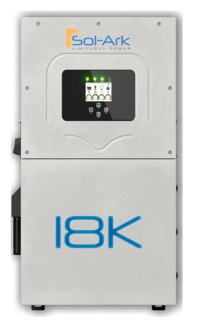 The Sol-Ark 18K residential inverter features a digital display for system info, mounted on a metallic enclosure with the Sol-Ark logo and “18K” in bold blue, delivering reliable backup power and high solar input.