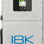 A silver Sol-Ark residential inverter features a digital display for system status, battery backup, and solar input. The front prominently showcases the brand name "Sol-Ark" and model "18K.