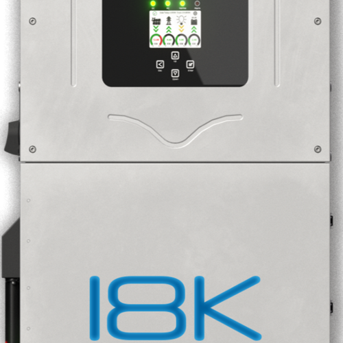 A silver Sol-Ark residential inverter features a digital display for system status, battery backup, and solar input. The front prominently showcases the brand name "Sol-Ark" and model "18K.