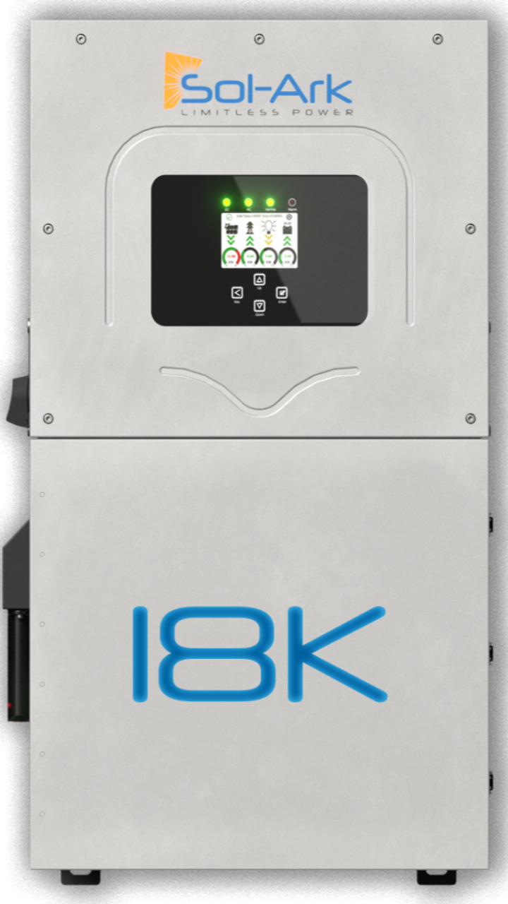 A silver Sol-Ark residential inverter features a digital display for system status, battery backup, and solar input. The front prominently showcases the brand name "Sol-Ark" and model "18K.