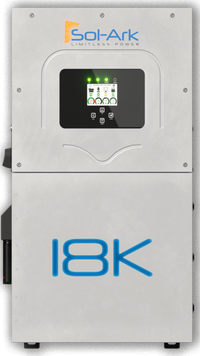 A silver Sol-Ark residential inverter features a digital display for system status, battery backup, and solar input. The front prominently showcases the brand name "Sol-Ark" and model "18K.