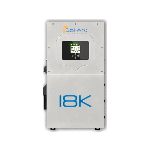 A silver Sol-Ark residential inverter with a digital green-lit display, designed for solar power and battery backup systems, is shown against a plain white background.