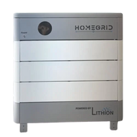 The Homegrid battery is a rectangular, gray and white modular home unit with horizontal panels and HOMEGRID POWERED BY LITHION text on the front. A circular indicator appears at the top left, designed for whole-home backup power needs.