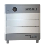 A rectangular, gray and white Homegrid modular battery system with Powered by Lithion on the bottom right, a circular indicator on the upper left, four small feet, a modern design, and expandable energy storage.
