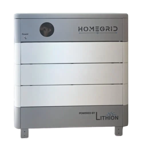 A rectangular, gray and white Homegrid modular battery system with Powered by Lithion on the bottom right, a circular indicator on the upper left, four small feet, a modern design, and expandable energy storage.