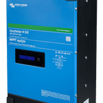 A blue and black Victron EasySolar-II GX with a display, MPPT solar charge controller labeled MPPT 250|70, and detailed technical info on the front panel.