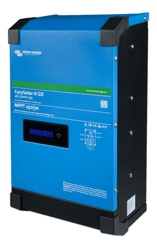 A blue and black Victron EasySolar-II GX with a display, MPPT solar charge controller labeled MPPT 250|70, and detailed technical info on the front panel.