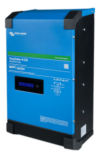 A blue and black Victron EasySolar-II GX with a display, MPPT solar charge controller labeled MPPT 250|70, and detailed technical info on the front panel.