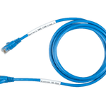A coiled blue Ethernet cable from BigBattery with clear connectors at both ends, each featuring a white label with black text in an IBM Plex Sans font display. The cable rests on a simple card background set against a plain white surface.