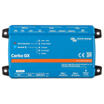 A blue BigBattery Cerbo GX device with labeled ports and indicator lights, used for monitoring and controlling power systems. Featuring WiFi, Bluetooth, and various input/output connections, the unit’s clear font display—styled in IBM Plex Sans—makes system information easy to read against its sleek card background.