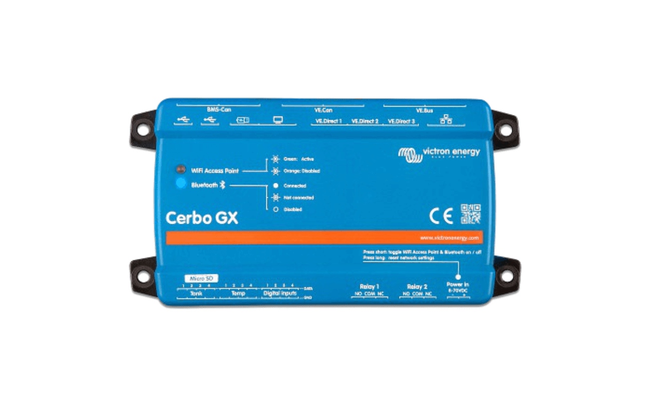Blue BigBattery control box with labeled ports and indicator lights, designed for power system monitoring and communication; features a sleek design reminiscent of modern UI elements, such as gentle border radius and subtle box shadow effects; mounted on a white background.