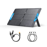 Anker’s portable solar panel features two blue handles and a built-in kickstand, standing upright for ultra-fast recharging of your power station. Below, two sets of power cables offer convenient charging or device connections.