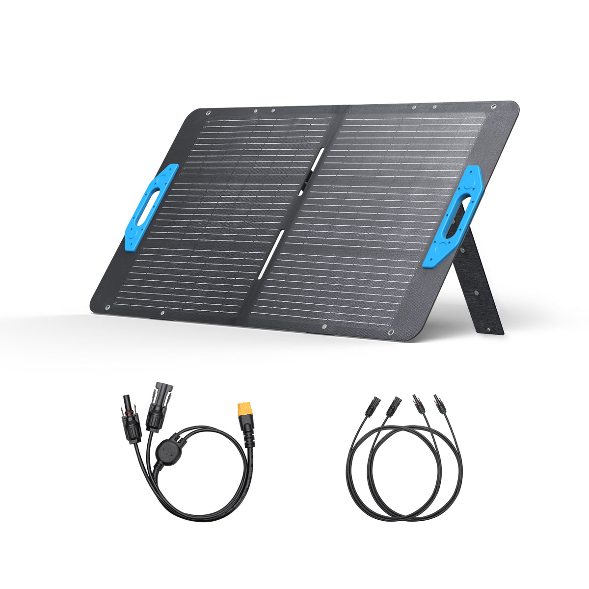 Anker’s portable solar panel features two blue handles and a built-in kickstand, standing upright for ultra-fast recharging of your power station. Below, two sets of power cables offer convenient charging or device connections.