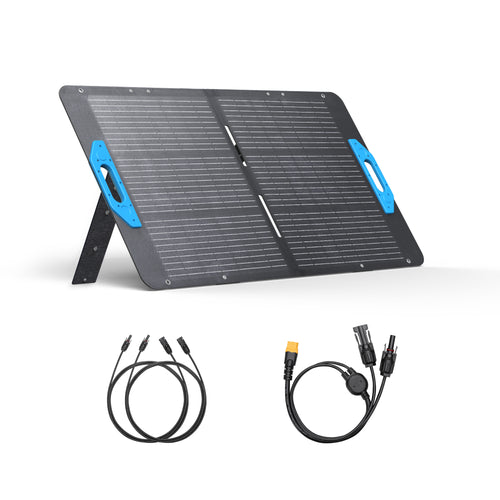 The Anker 625 solar panel, designed for high efficiency, has two blue handles, a built-in kickstand, and comes with two connection cables below it, all displayed on a plain white background.