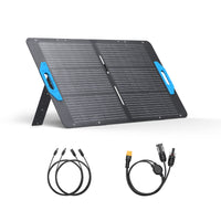 The Anker 625 solar panel, designed for high efficiency, has two blue handles, a built-in kickstand, and comes with two connection cables below it, all displayed on a plain white background.