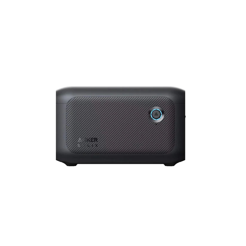 The Anker SOLIX BP1000X is a compact, rectangular black portable power station featuring a textured side panel, circular blue front power button, and expansion battery built for an impressive 10-year lifespan.