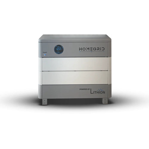 A gray and white Homegrid modular home battery system has a circular digital display and power indicator on the front, with Powered by Lithion branding in the bottom right corner.