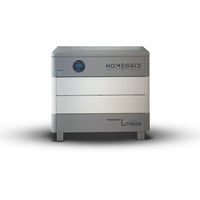 A gray and white Homegrid modular home battery system has a circular digital display and power indicator on the front, with Powered by Lithion branding in the bottom right corner.