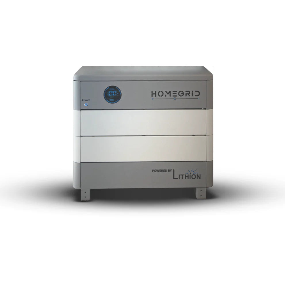 A gray and white Homegrid modular home battery with a digital display and indicator lights stands on a white background—ideal for seamlessly meeting your homes energy needs.