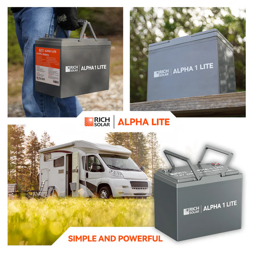 A collage features the Rich Solar Alpha 1 Lite 100Ah LiFePO4 portable battery, shown carried by hand and placed beside an RV on grass in sunlight. Text says “Alpha Lite” and “Simple and Powerful.”.