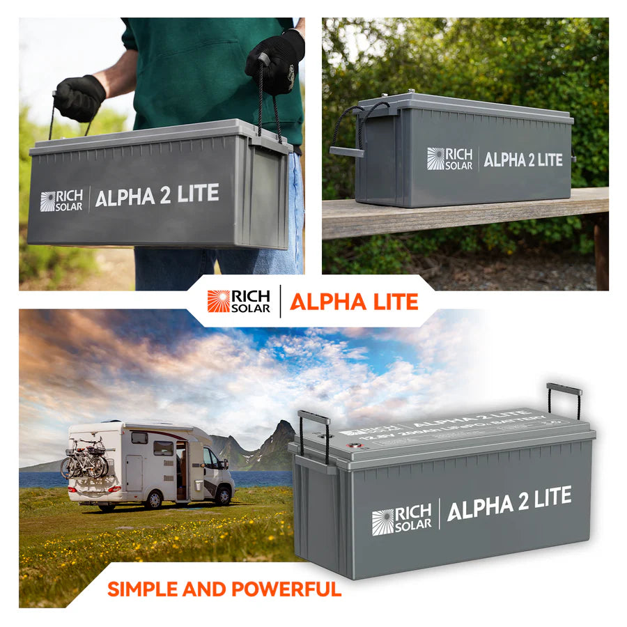 Three images of a gray Rich Solar ALPHA 2 LITE LiFePO4 Battery, easily carried, on grass, and beside an RV with mountains in the background. With 2560Wh and 200Ah capacity. Text: SIMPLE AND POWERFUL.