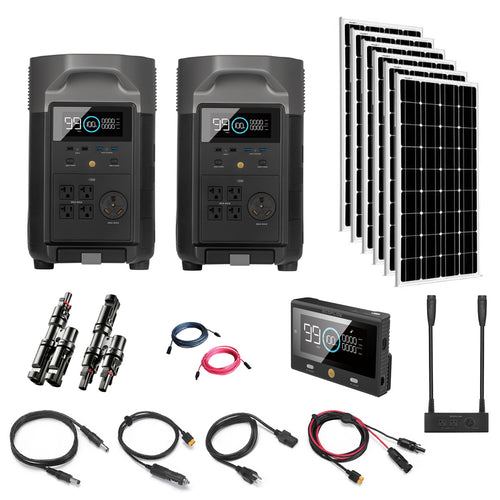 The EcoFlow solar generator kit includes two Delta Pro power stations, four solar panels, connectors, cables, and a power display unit, all displayed against a white background.