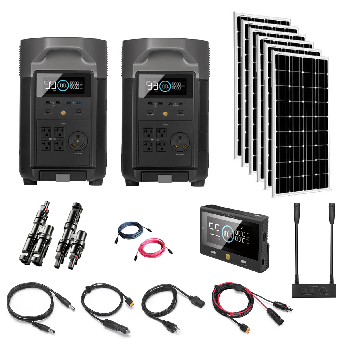 The EcoFlow solar generator kit includes two Delta Pro power stations, four solar panels, connectors, cables, and a power display unit, all displayed against a white background.