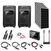 The EcoFlow solar generator kit includes two Delta Pro power stations, four solar panels, connectors, cables, and a power display unit, all displayed against a white background.