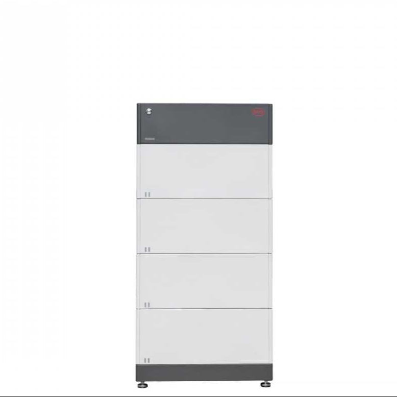 A tall, rectangular BYD Battery-Box cabinet with four compartments and a dark gray top stands upright against a white background, ideal for high-voltage series lithium iron phosphate applications.