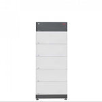 A tall, rectangular grey and white BYD Battery-Box modular storage unit with six stacked sections, small handles on each door, and a red digital display on the top features lithium iron phosphate cells against a plain white background.