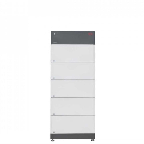A tall, rectangular grey and white BYD Battery-Box modular storage unit with six stacked sections, small handles on each door, and a red digital display on the top features lithium iron phosphate cells against a plain white background.