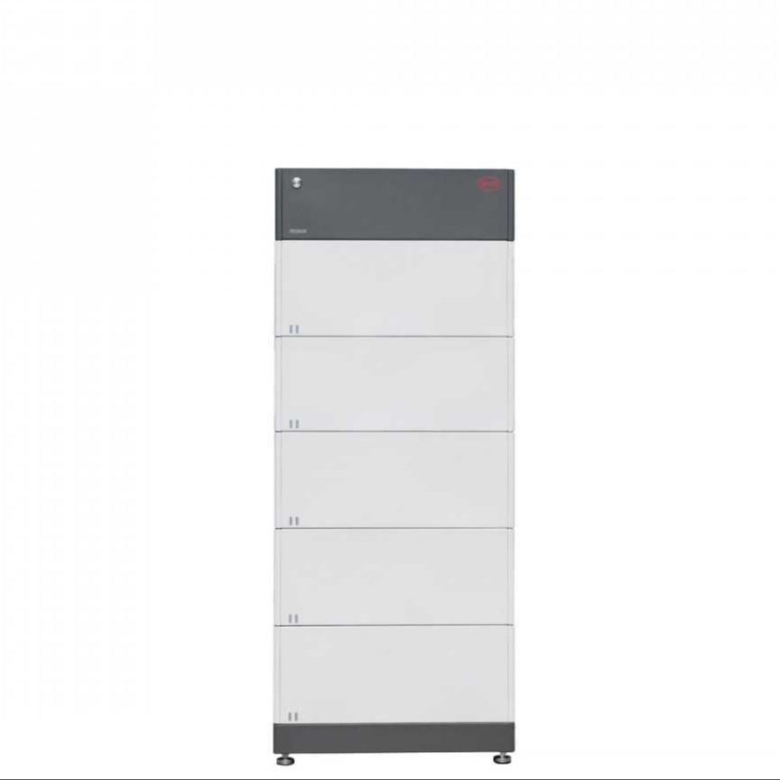 A tall, rectangular grey and white BYD Battery-Box modular storage unit with six stacked sections, small handles on each door, and a red digital display on the top features lithium iron phosphate cells against a plain white background.