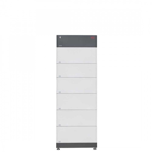 A tall, rectangular gray and white BYD modular cabinet with six stacked compartments and small black feet is ideal for housing high-voltage BYD Battery-Box lithium iron phosphate energy storage units.