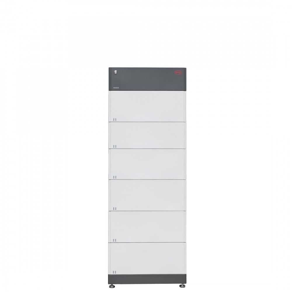 A tall, rectangular gray and white BYD modular cabinet with six stacked compartments and small black feet is ideal for housing high-voltage BYD Battery-Box lithium iron phosphate energy storage units.