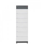 The tall, white BYD Battery-Box cabinet features eight handled compartments and a gray top with a red label, providing high-voltage series lithium iron phosphate storage; shown against a plain white background.