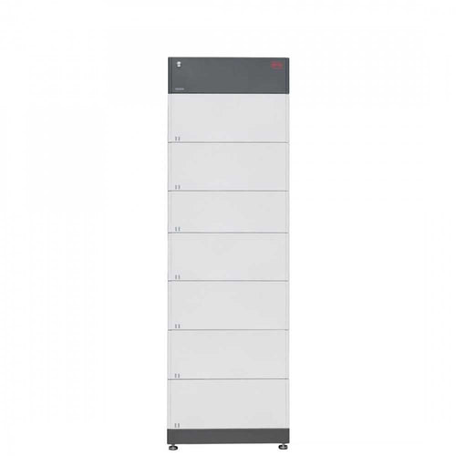 The tall, white BYD Battery-Box cabinet features eight handled compartments and a gray top with a red label, providing high-voltage series lithium iron phosphate storage; shown against a plain white background.