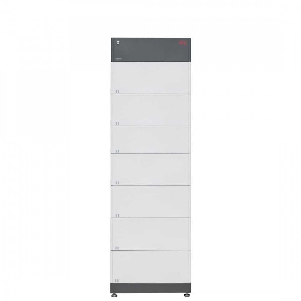 The tall, white BYD Battery-Box cabinet features eight handled compartments and a gray top with a red label, providing high-voltage series lithium iron phosphate storage; shown against a plain white background.