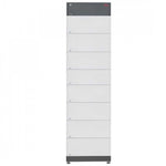 The BYD tall, narrow white locker features eight vertically stacked compartments—ideal for organizing BYD Battery-Box or lithium iron phosphate components. It has gray top and bottom sections and stands on small feet.