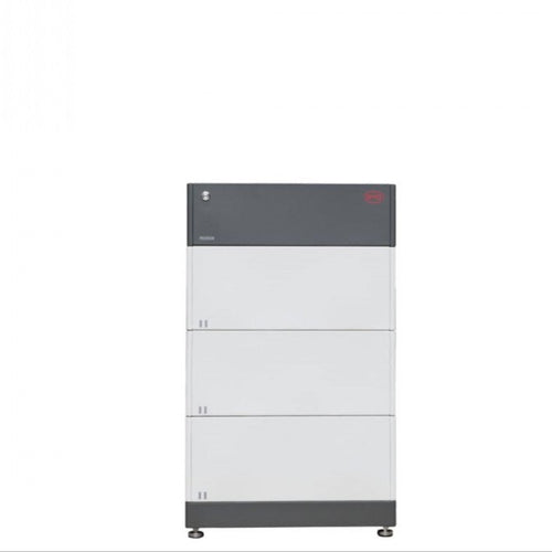 A tall, rectangular gray and white BYD Battery-Box storage unit with three stacked compartments stands on small feet against a white background, featuring lithium iron phosphate technology from BYD.