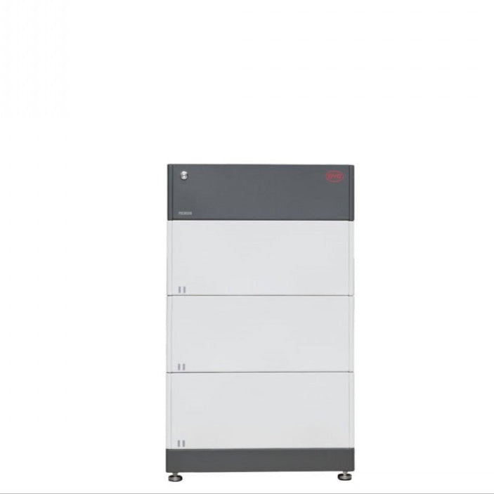 A tall, rectangular gray and white BYD Battery-Box storage unit with three stacked compartments stands on small feet against a white background, featuring lithium iron phosphate technology from BYD.