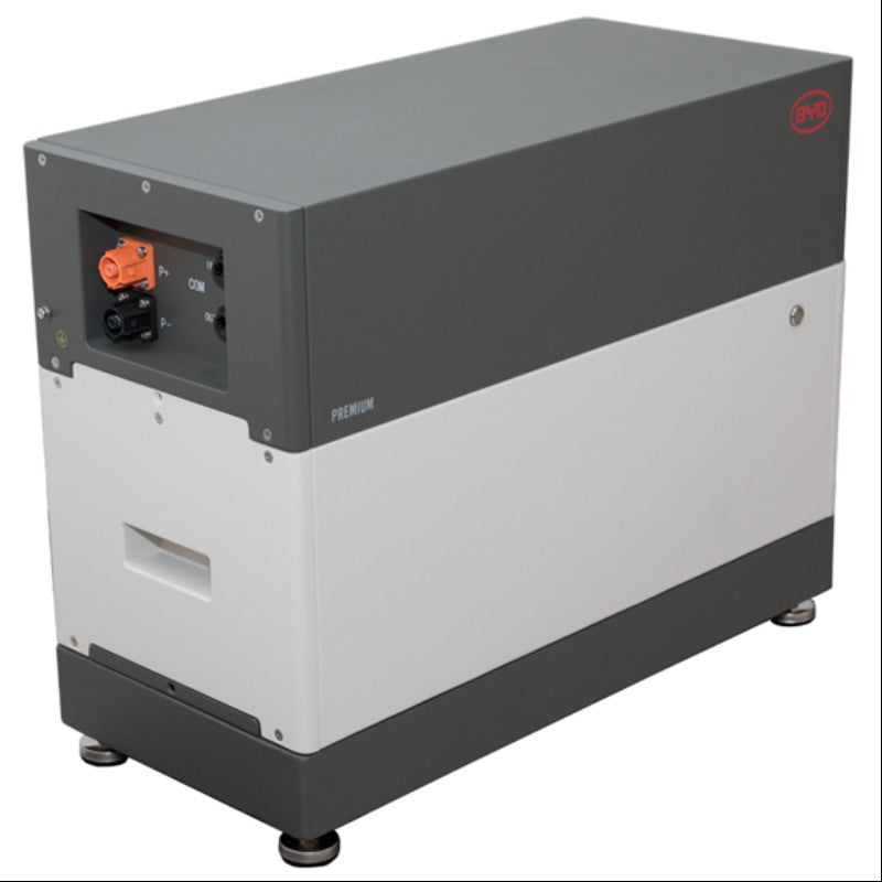 A rectangular BYD Battery-Box lithium iron phosphate module with a gray and white casing, control panel with connectors and indicator lights at one end, and elevated on four small feet.