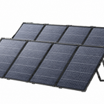 A portable foldable solar panel setup, featuring the Anker SOLIX PS400 400W portable solar panel, includes eight monocrystalline rectangular panels arranged in two rows and supported by angled stands on a white background.