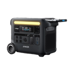 The Anker portable power station features a digital display, multiple outlets, large battery capacity, and is equipped with a handle and wheels for easy mobility—ideal for charging and powering devices on the go.