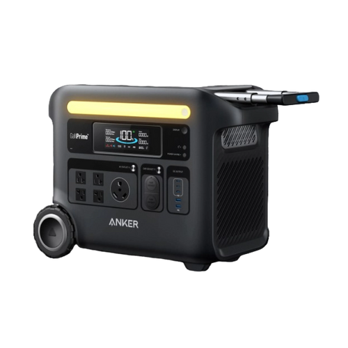 The Anker portable power station features a digital display, multiple outlets, large battery capacity, and is equipped with a handle and wheels for easy mobility—ideal for charging and powering devices on the go.