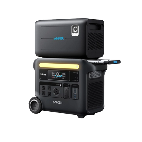 The Anker black portable power station set features multiple outlets, solar input, a digital display, and a compact battery pack stacked on top—ideal for home backup power.