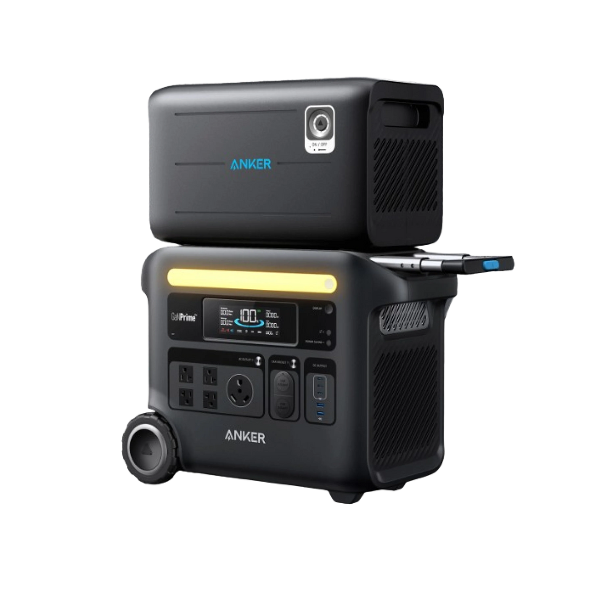 The Anker black portable power station set features multiple outlets, solar input, a digital display, and a compact battery pack stacked on top—ideal for home backup power.