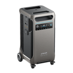 The Anker Solix F3800 is a portable power station with wheels, handle, digital display, front control panel, and expandable capacity—ideal for backup power and easy transport.