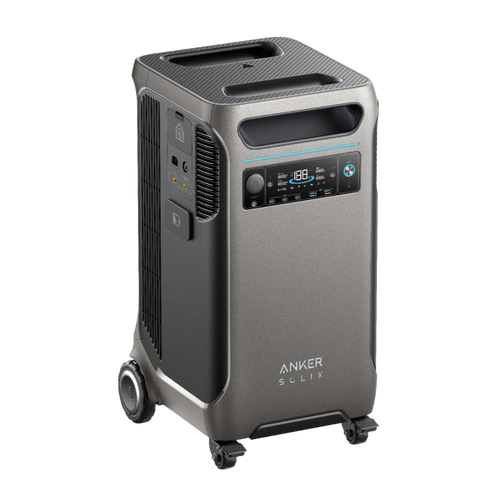 The Anker Solix F3800 is a portable power station with wheels, handle, digital display, front control panel, and expandable capacity—ideal for backup power and easy transport.