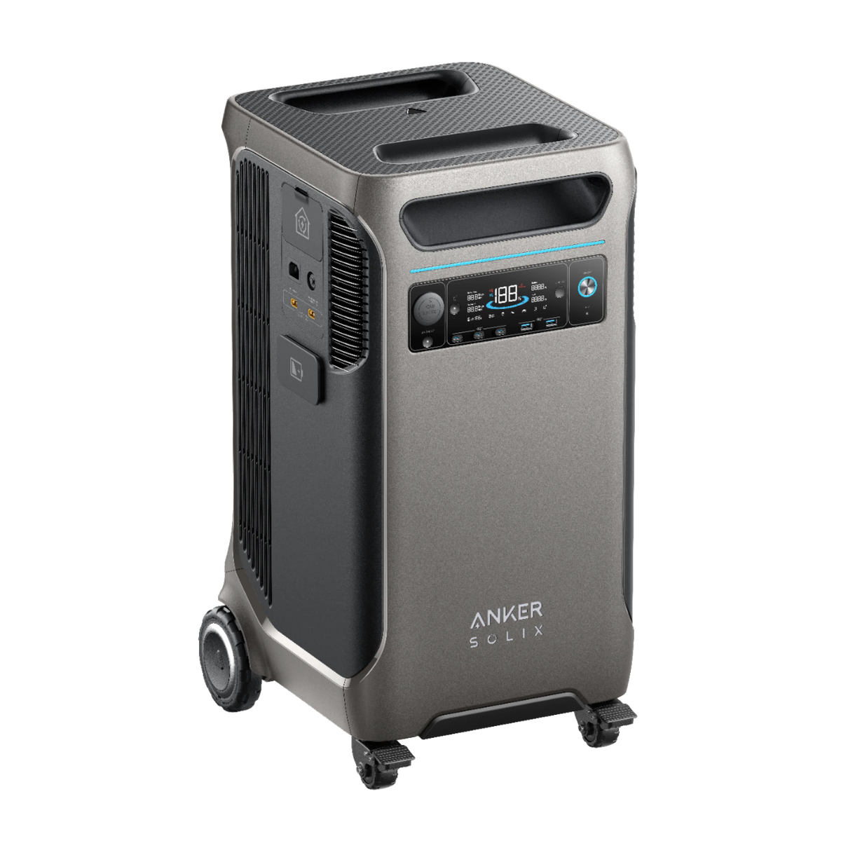 The Anker Solix F3800 is a portable power station with wheels, handle, digital display, front control panel, and expandable capacity—ideal for backup power and easy transport.